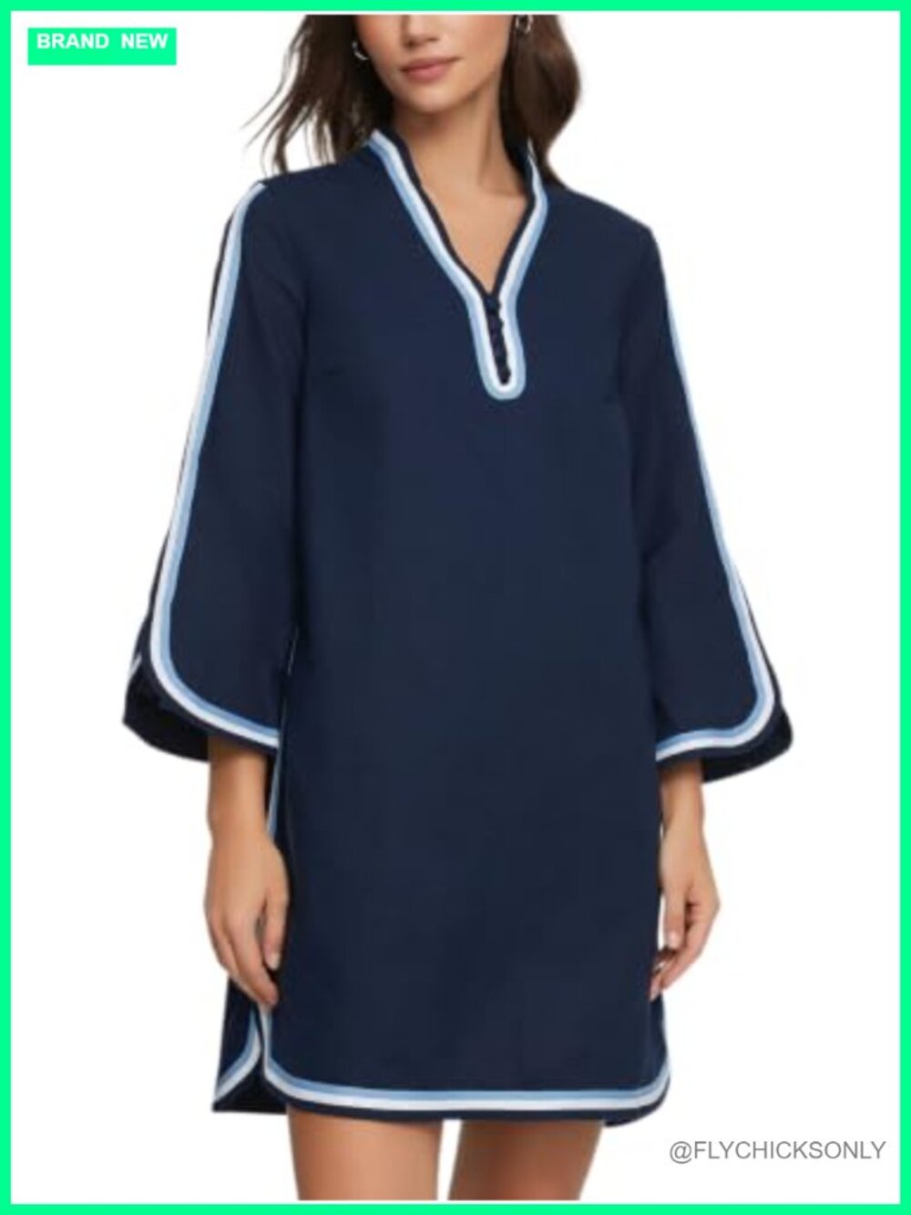 Linen Cotton Shift Mini Dress 3/4 Sleeve V Neck Casual Tunic